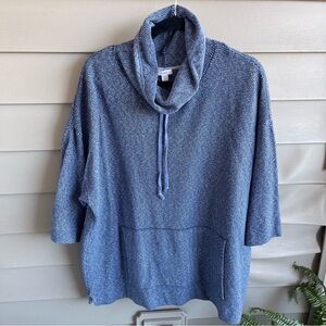 Pure‎ Jill Cowl Neck Pullover 3/4 Length Sleeves Kangaroo Pocket Blue Size 1X